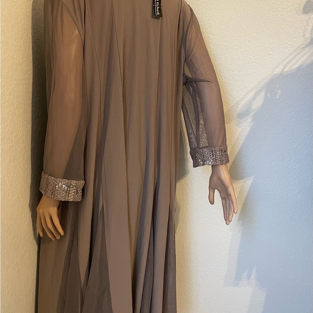 Elegant Taupe Long Sleeve Sheer Overlay Dress